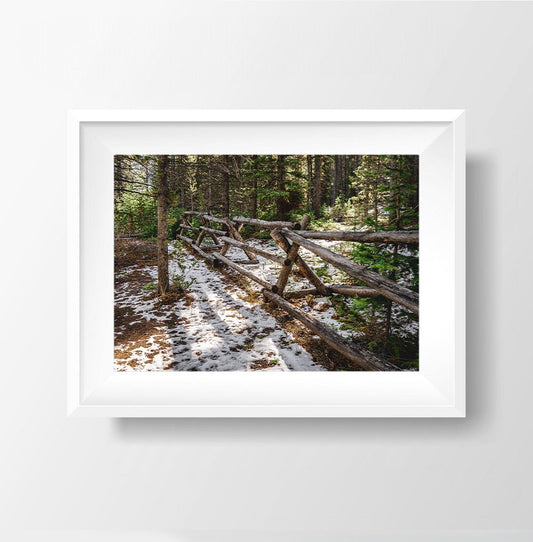 Winter Woodland Charm - Snowy Log Fence Photography Print